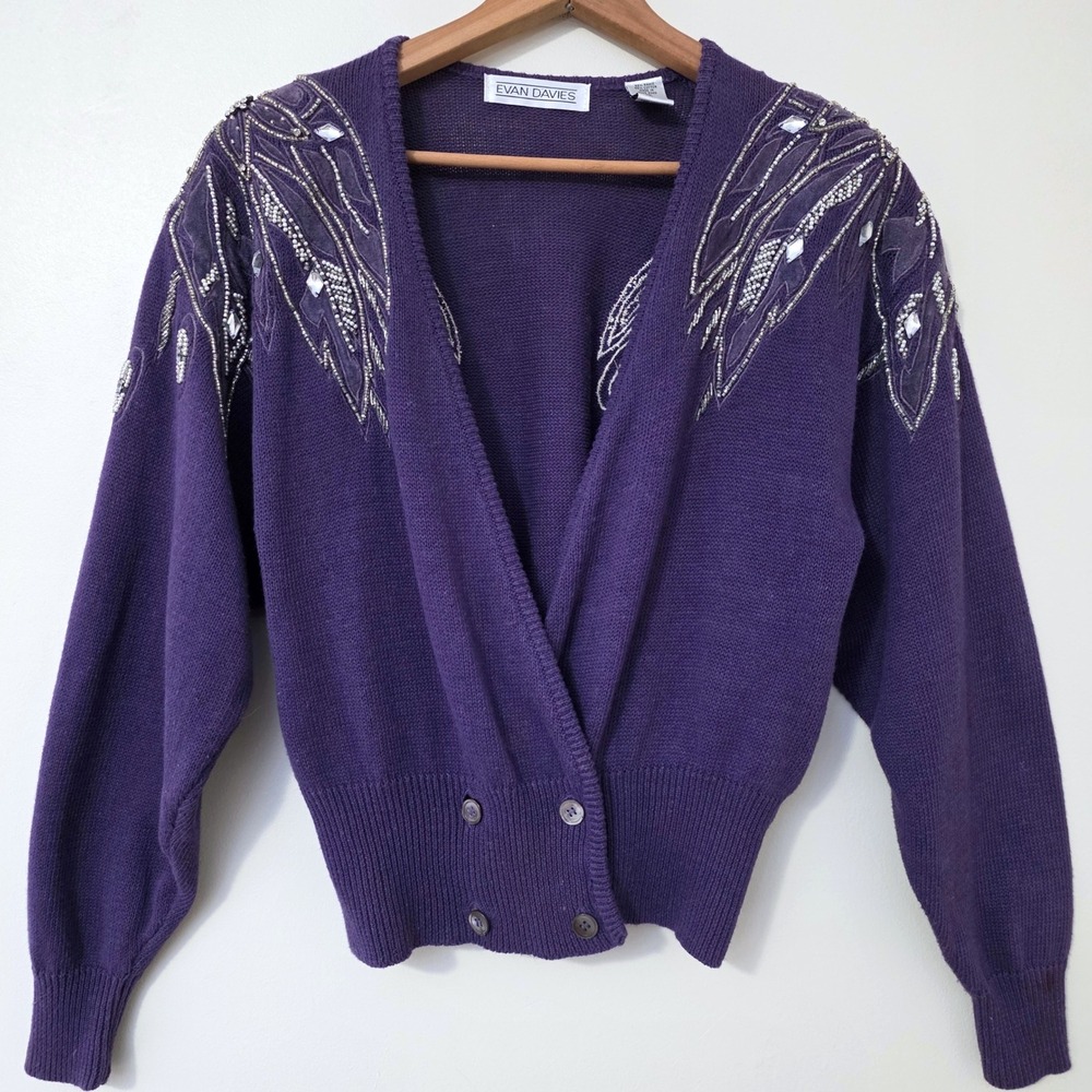 Vintage Evan Davies Beaded Cardigan Sz M Purple 80s‎ Glam Sweater Whimsigoth